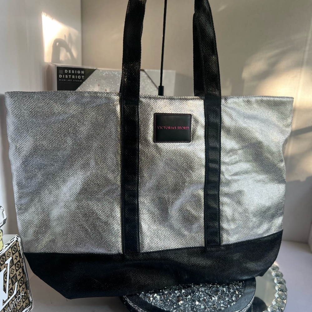 Victoria's Secret Silver and Black Tote Bag  24X15 - Picture 3 of 9
